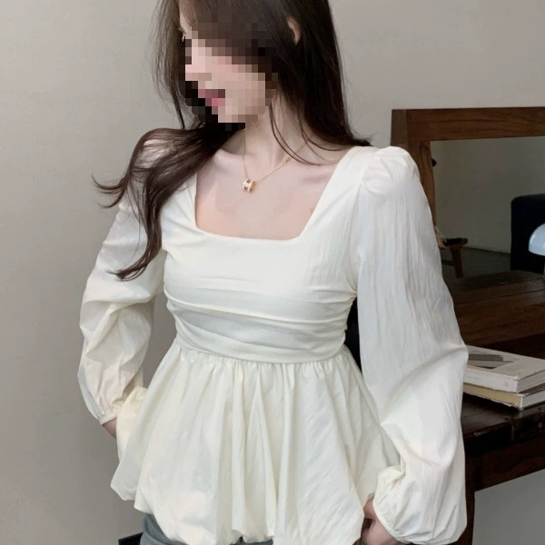 Корейский стиль, большие размеры, осенняя женская рубашка с квадратным воротником, закрывающая живот и утягивающая рубашка-бебидолл, рубашка с длинными рукавами, топ