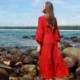 Seaside long sleeve dress slimming 2024 red V-neck summer retro beach desert slim-fit holiday dress f966
