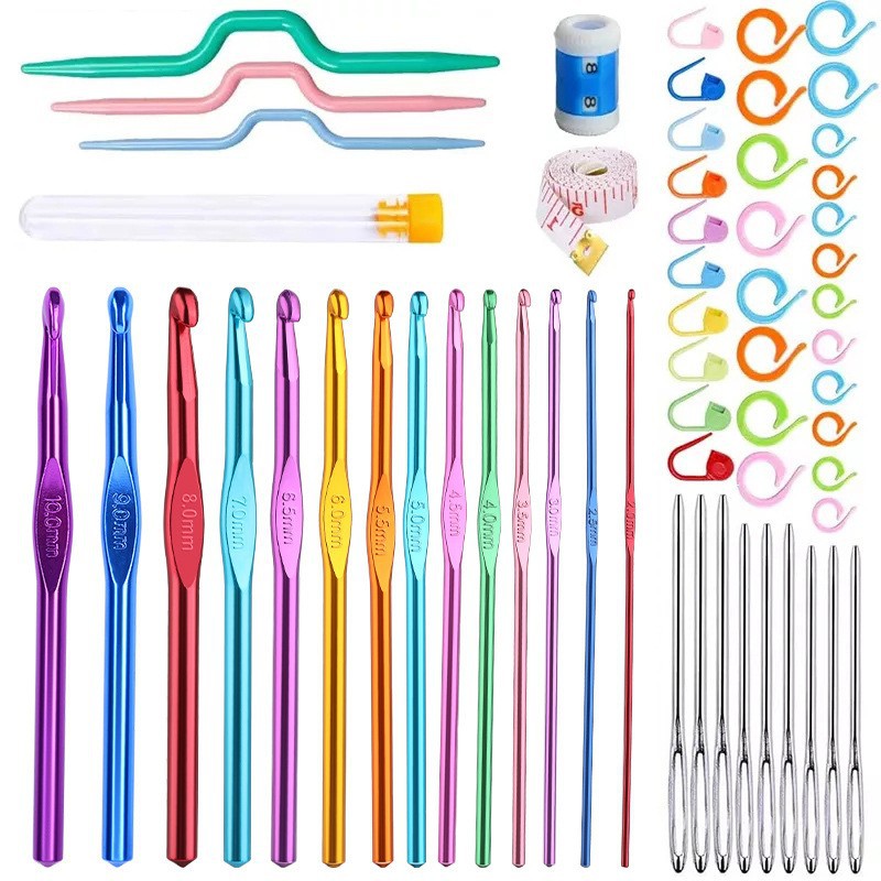 100 Piece Crochet Set Colored Aluminum Oxide Single Head Full Set Of Crochet Diy Weaving Tool Material Package_voghion.com