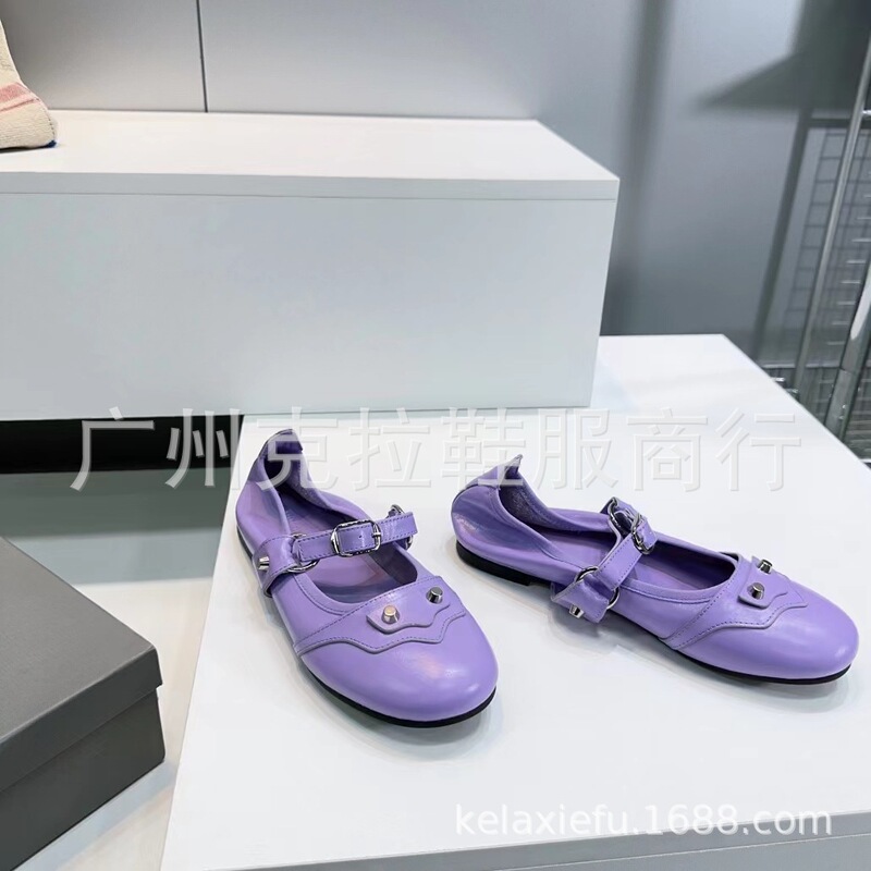 Haute Couture 2025 春の新作本革ラウンドトゥ浅い口メタルリベットワンラインベルトバックルフラットシューズバレエシューズ|undefined
