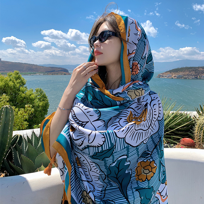 2023 estilo coreano pastoral artística flor algodón y lino sensación seda bufanda viaje protector solar toalla de playa doble uso aire acondicionado chal para mujeres
