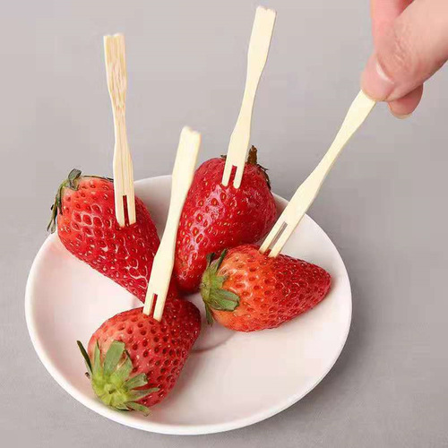 Disposable Bamboo Fruit Fork Two-Tine Dessert Fork Cake Fork Bamboo Stick Food Eco-Friendly Love Fork 100 pieces/bag