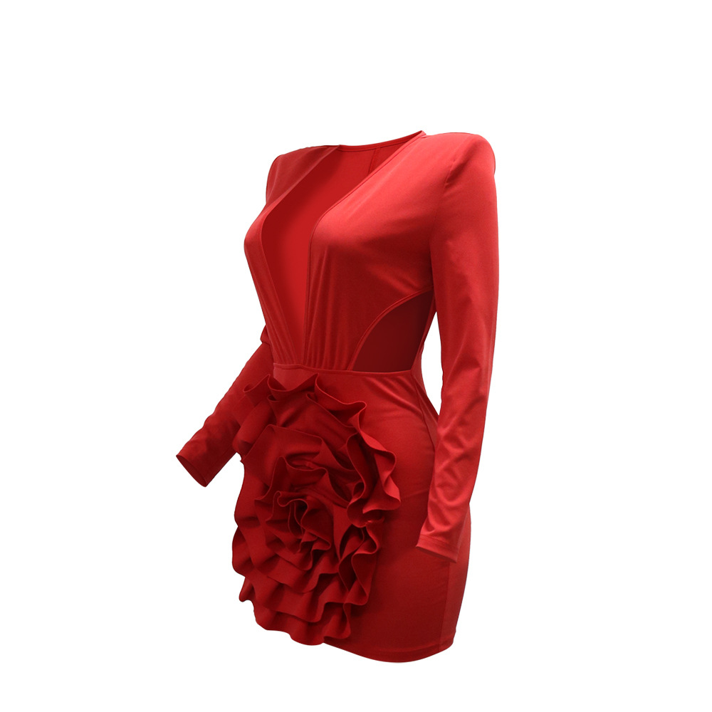 Women Sexy V neck Solid Color Dress Sheath Long Sleeve Short Dress Evening Dress