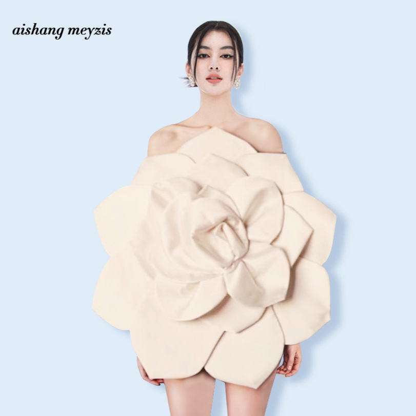 French birthday party banquet dress sexy off-shoulder three-dimensional flower Gentle apricot backless dress