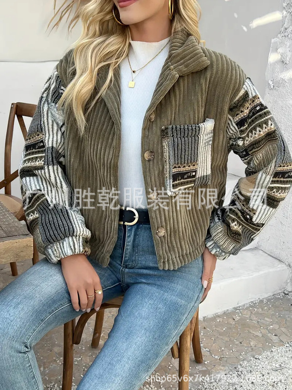 欧美跨境外贸女士秋冬季小众翻领长袖纽扣夹克 时尚拼 接外套棉服|undefined