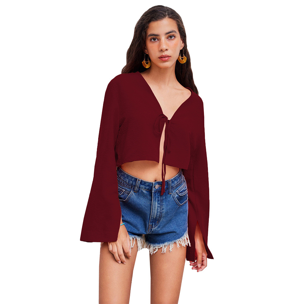 Voya 2026 Sexy V-neck T-shirt With Spring And Summer Chest Tie, Niche Burgundy Cardigan Top, Women's Clothing_ecoleips.com