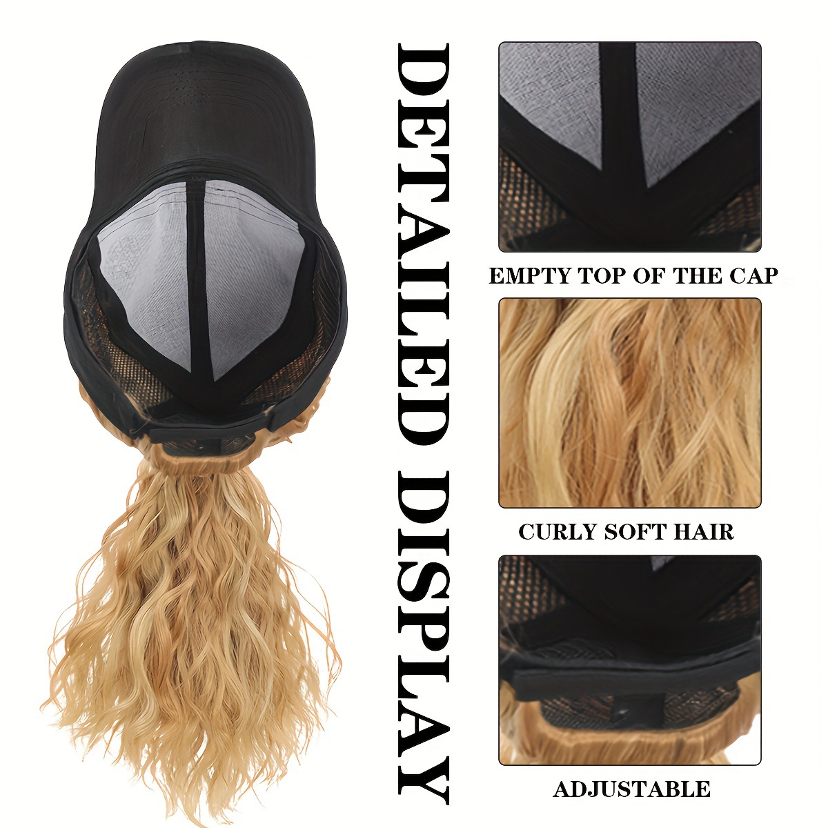 Women's Sun Black Cap Hat Integrated Synthetic Wig Corn Perm Ponytail Slightly Curly_voghion.com