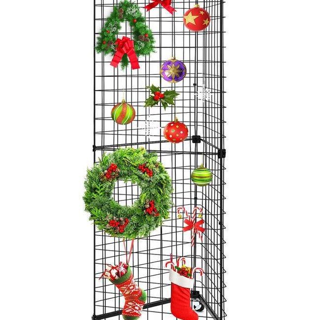 Triangular Grid Wall Panel Display Stand Black Triangular Metal Wire Mesh Tower with Base and Swivel Wheels