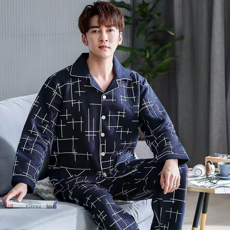 Pajamas gruesas para hombres otoño y invierno de manga larga algodón intercalado conjunto de calor para hombres jóvenes y de mediana edad ropa de hogar suelta