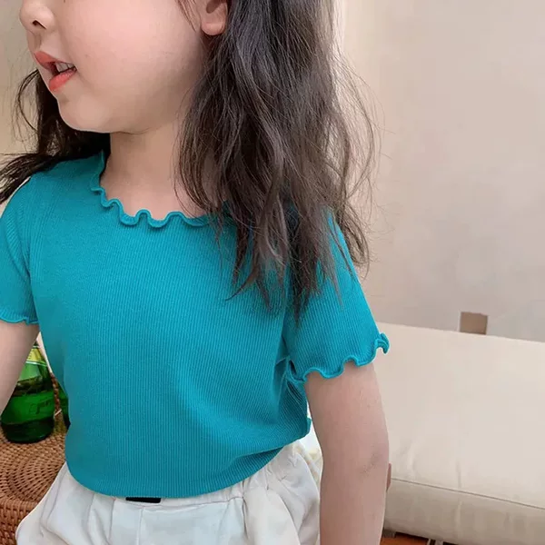 Summer New Korean Style Baby Girl Children's Ruffle Top Versatile Short-Sleeve T-Shirt Simple Versatile Solid Color Base Layer