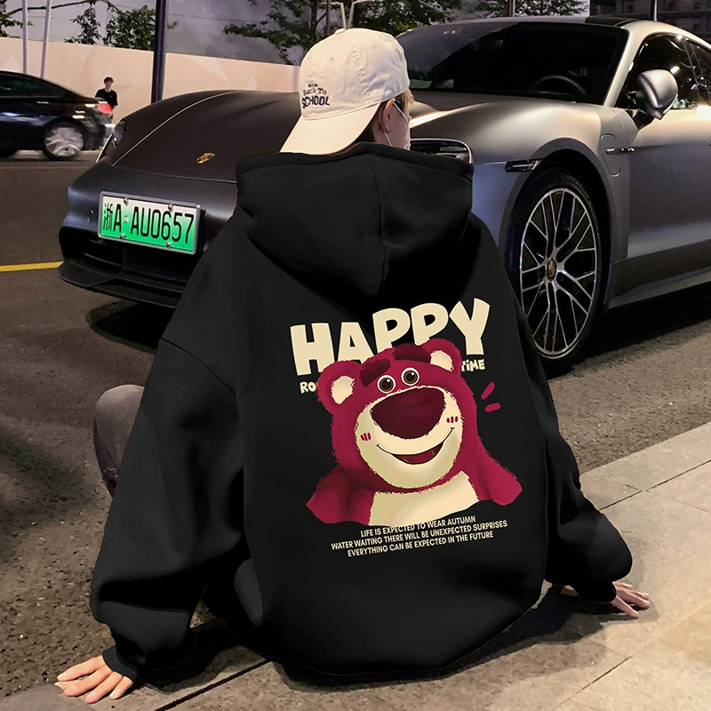 Толстовка с клубничным медведем, мужская весенне-осенне-зимняя толстовка из плотного хлопка в гонконгском стиле, свободная верхняя одежда, утолщенная модная толстовка на флисовой подкладке