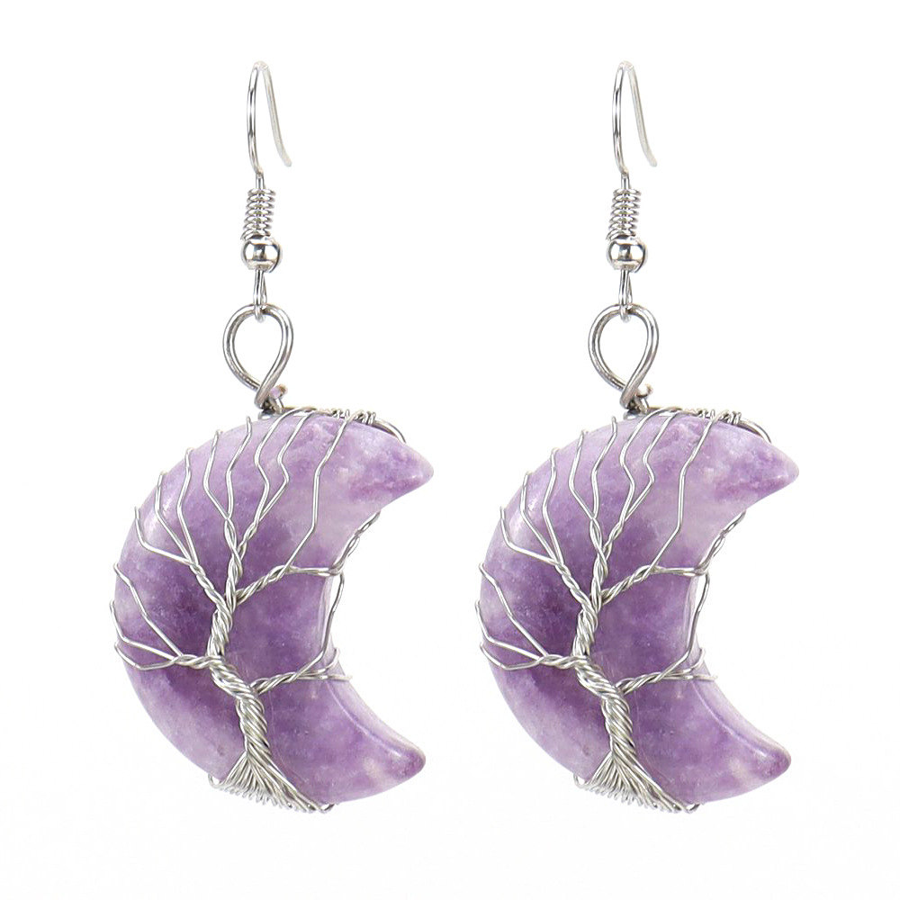 1 Pair Retro Novelty Moon Tree Patchwork Natural Stone Copper Drop Earrings display picture 4