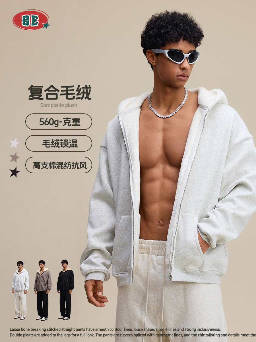 Be Hombres| 2025 otoño estilo americano de moda compuesto de peluche cardigan con capuz suéter con cremallera suelta chaqueta para hombre