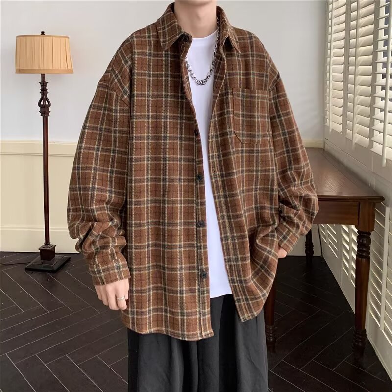Spring and Autumn Men's Shirts Japanese Plaid Material Hong Kong Style Casual Thick Long-Sleeve Shirt Trendy Loose Jacket