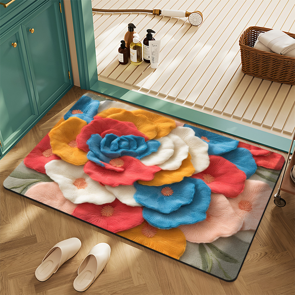 Cross-Border American Floral Crystal Velvet Floor Mats for Home Entrance, Stain-Resistant, Wear-Resistant and Easy-Care Floor Mats, Bathroom Non-Slip Floor Mats
