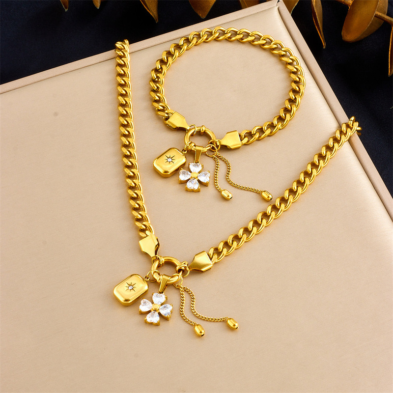 Cross-Border Fashion New Sweet and Cool Diamond-Encrusted Flower Star Square Pendant Tassel Chain Stainless Steel Jewelry Set