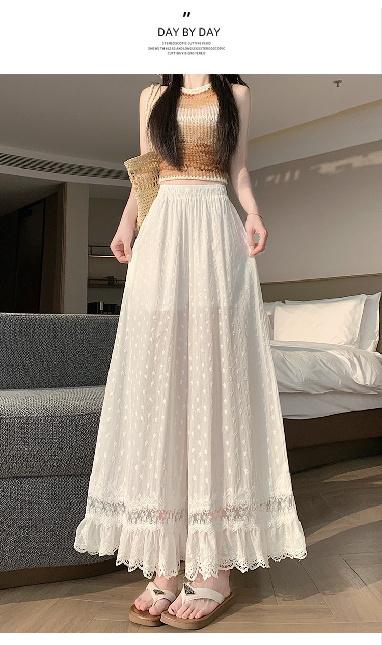 Quần culottes nữ ống rộng ren thêu rỗng cạp cao — màu trắng chi tiết 26