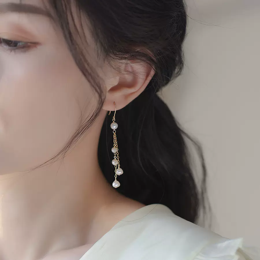 天然淡水珍珠女式耳环长款小众设计高级感气质显脸小个性流苏耳坠