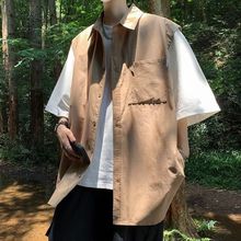 假两件拼接短袖衬衫男夏季美式复古潮牌宽松大码休闲工装衬衣外套