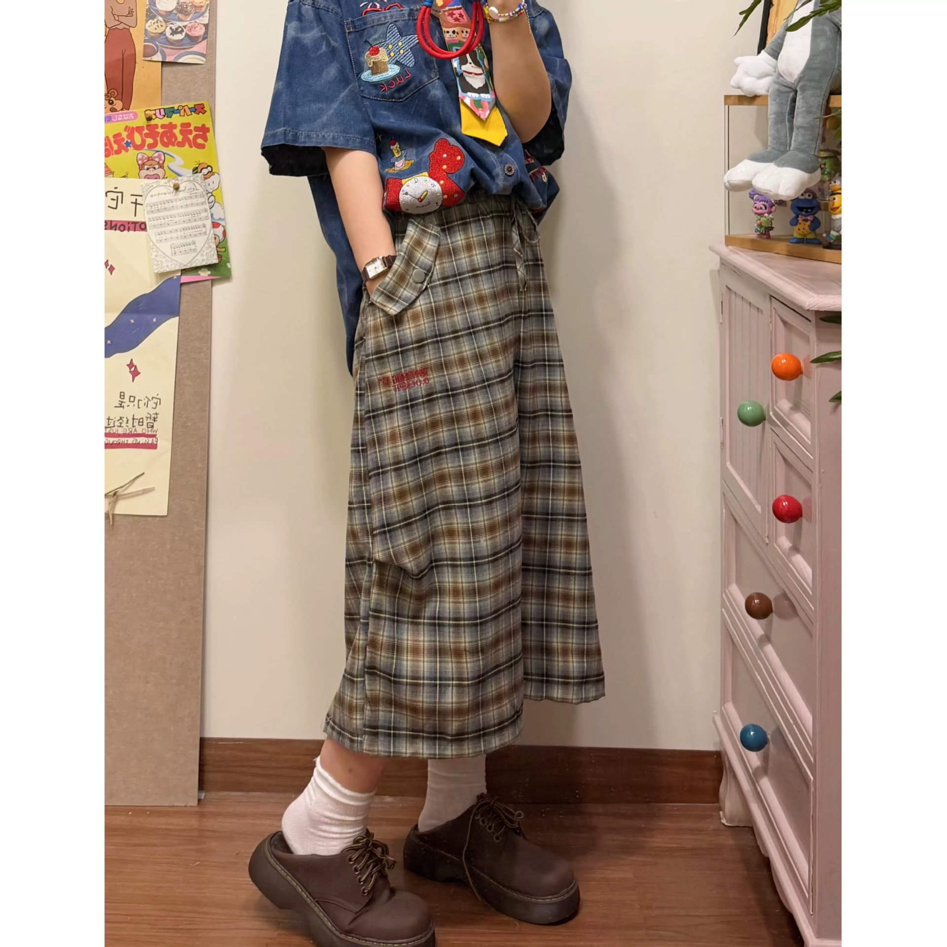 CD718美式街头辣妹格纹七分裤女夏季新款百搭休闲垂感阔腿裤短裤