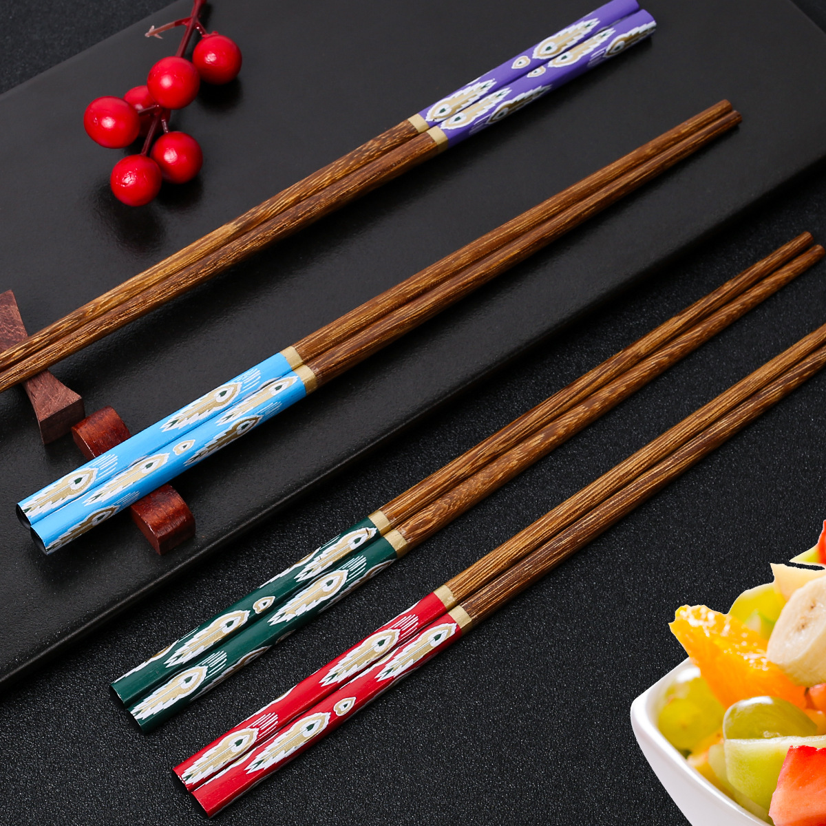 Palillos de madera de ala de pollo, película floral impresa de madera maciza para el hogar, cola de pavo real, sin pintura, sin cera, spot al por mayor, LOGO personalizable