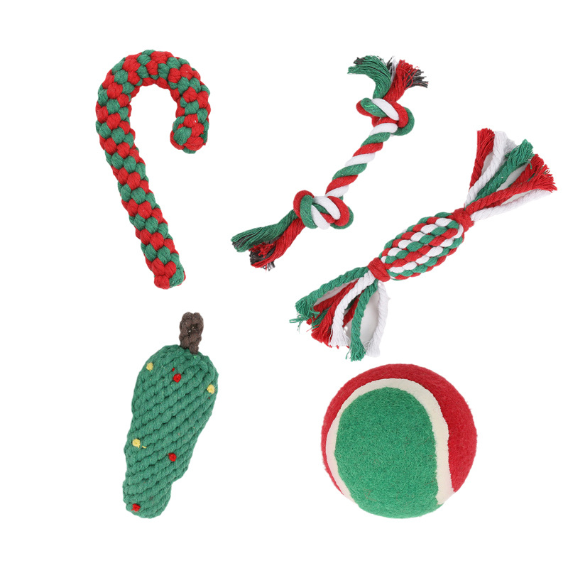 Juguetes para mascotas, serie navideña, juego combinado navideño en stock, juguetes de cuerda de algodón para la limpieza de dientes y la mordida, juguetes para perros al por mayor.