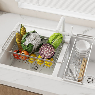 Stainless Steel Kitchen Telescopic Sink Rack Drying Bowl Chopsticks Wipe Household Dishes Multi-functional Storage Rack Cross-border