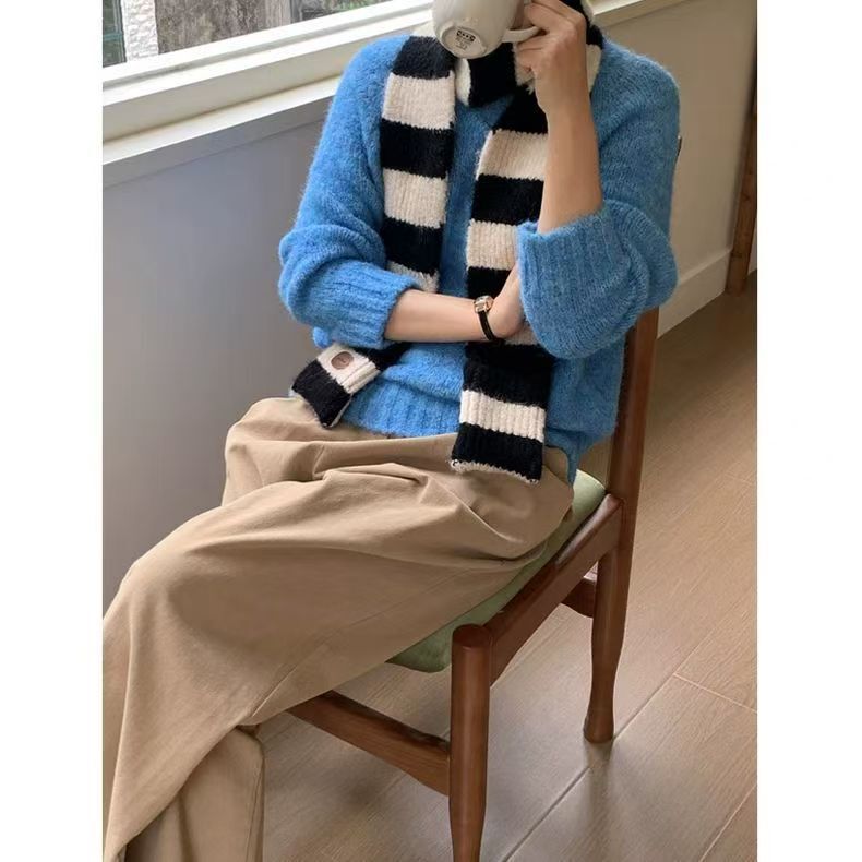 日系撞色条纹围巾女冬季韩版百搭简约复古针织围巾保暖防寒围巾潮|undefined