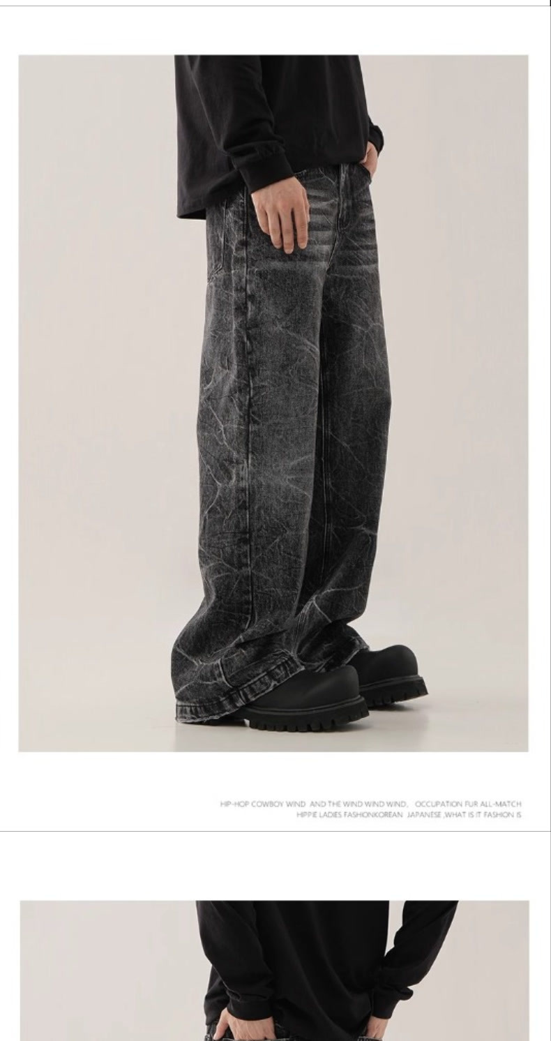 ​​„Retro High Street Lightning Wash Schwarz-Graue Jeans für Herren – Slim Fit Straight Leg Denim-Hose mit mehreren Taschen und Cleanfit-Ästhetik“​​_voghion.com