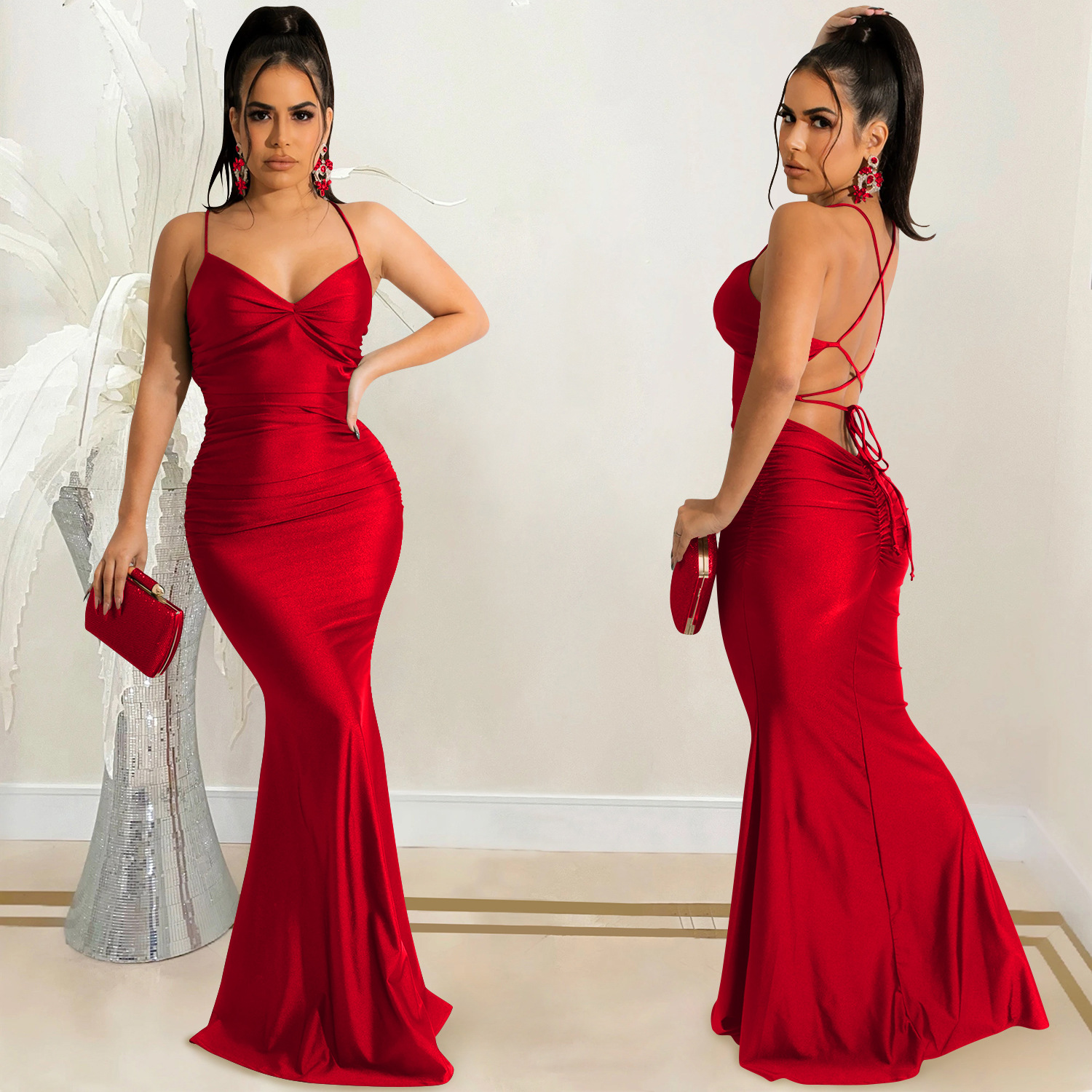 Pleated Solid Color Sling Wrap Chest Backless Lace-Up Prom Dress NSXYZ113785