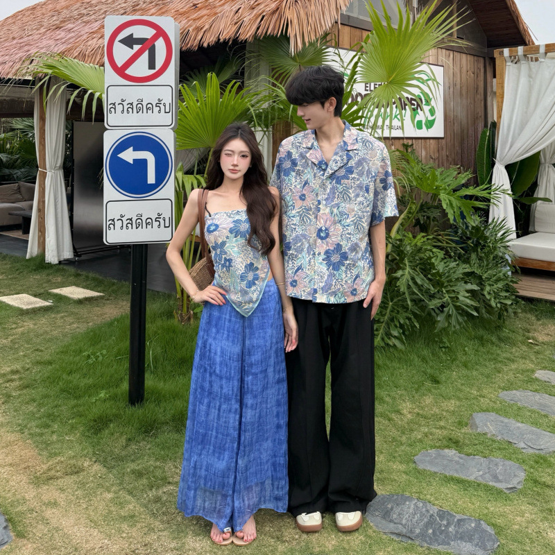 2026 Summer Couple Outfits Seaside Resort Style Printed Camisole Top and Tie-Dye Wide-Leg Pants Two-Piece Set