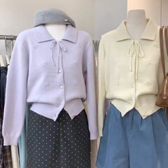 韩系翻领甜美勾花设计针织开衫女2025秋冬新款蝴蝶结软糯毛衣外套