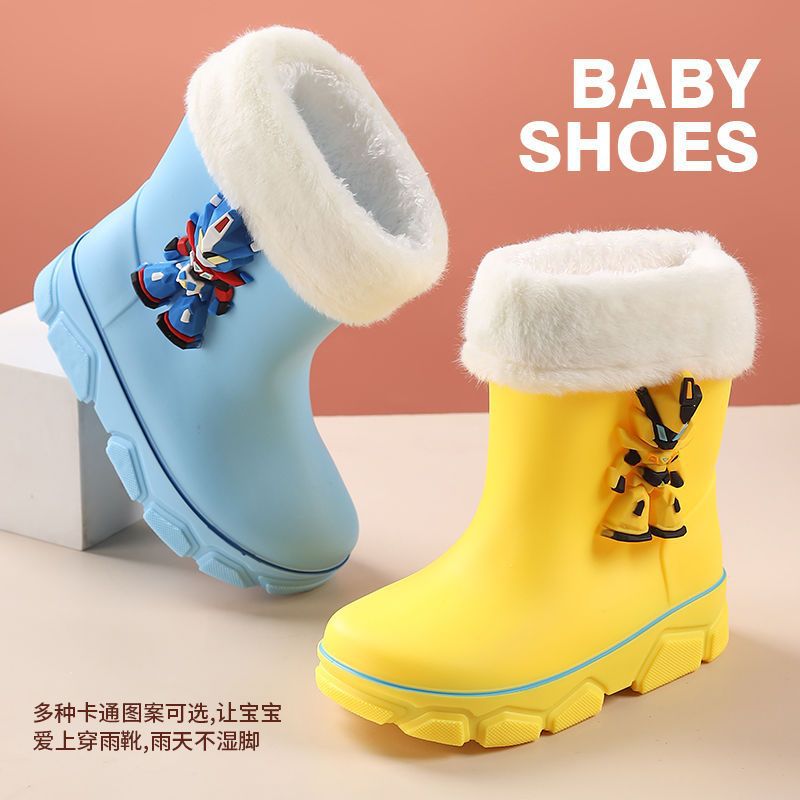 Baby Velvet Waterproof Kidsren's Rain Boots Thickeneded Winter Boys and Girls Water Shoes Small and Medium-Sized Kidsren Waterproof Non-Slip Rain Boots