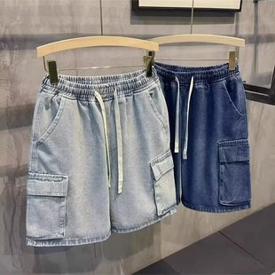 Japanese-Style Heavy-Duty Workwear Denim Shorts for Men, Hong Kong Fashion Brand, Retro Functional Style, Three-Dimensional Side Pocket, Knee-Length Shorts