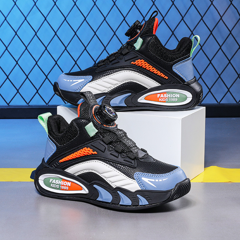 Boys' shoes autumn and winter new leather children's sneaker rotating buckle middle and big children boys' running casual basketball shoes