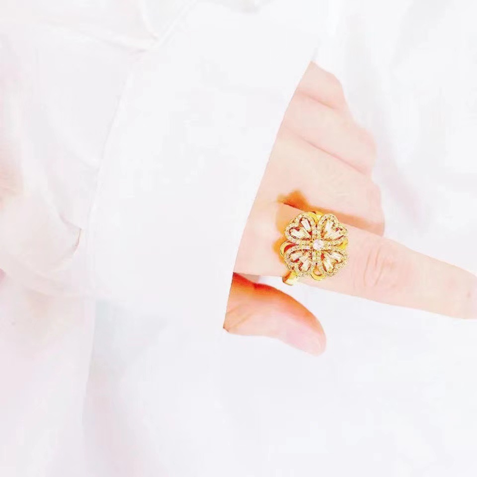 Rotatable Flower Ring For Women Adjustable Lucky Grass Design_voghion.com