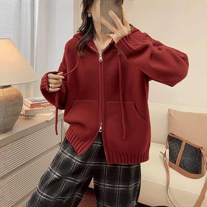 灰色连帽毛衣外套女开春季2025新款慵懒风针织开衫感穿搭|undefined