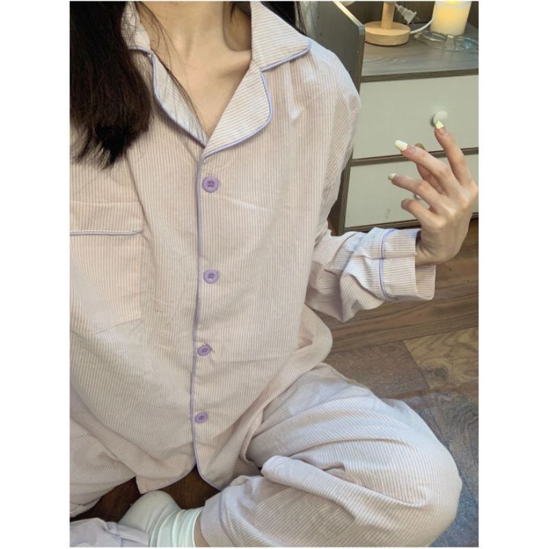 ストライプパジャマ女性春秋新長袖長ズボンins日系カジュアルシンプル学生ルームウェア