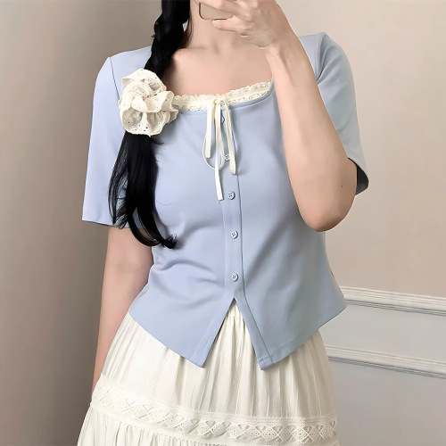 Women's Summer French Square Collar Lace Splicing False Two-Piece T-Shirt with Positive Shoulder Design for Hiding Fat and Slimming