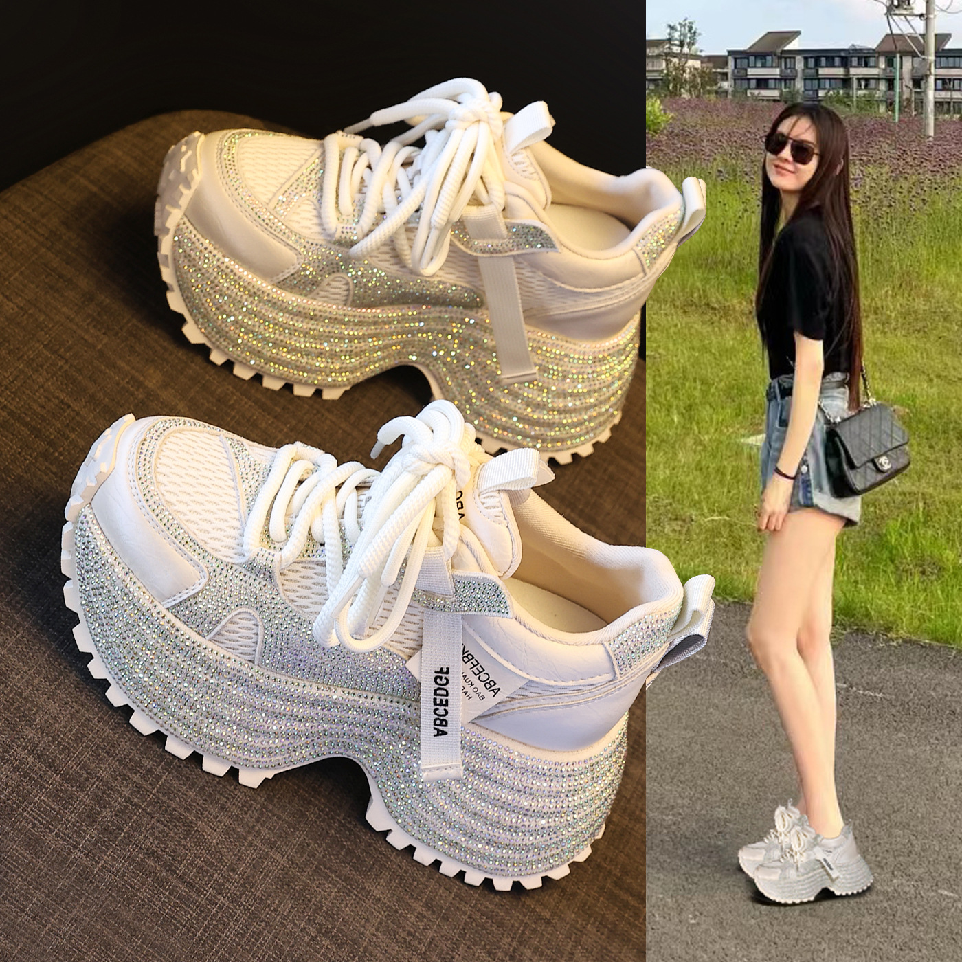 Giày sneaker nữ đế dày tăng chiều cao phối đá lấp lánh lưới thoáng khí — màu be