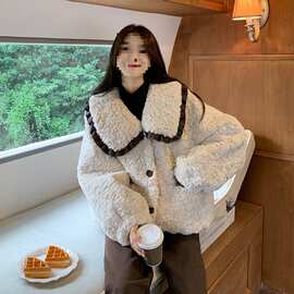 大码实拍实！ 娃娃翻领系带甜美新款宽松百搭皮毛一体外套