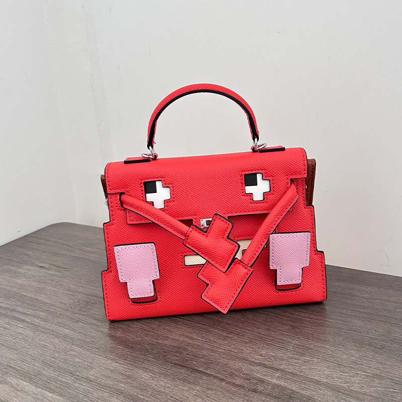 New Genuine Leather Robot Kelly Bag Cartoon Smiley Bag Mosaic Doll Handheld Small Square Bag Shoulder Crossbody Bag