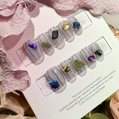 ins風小眾彩色貝殼幾何線條灰藍色時尚通勤氣質短款純手工穿戴甲