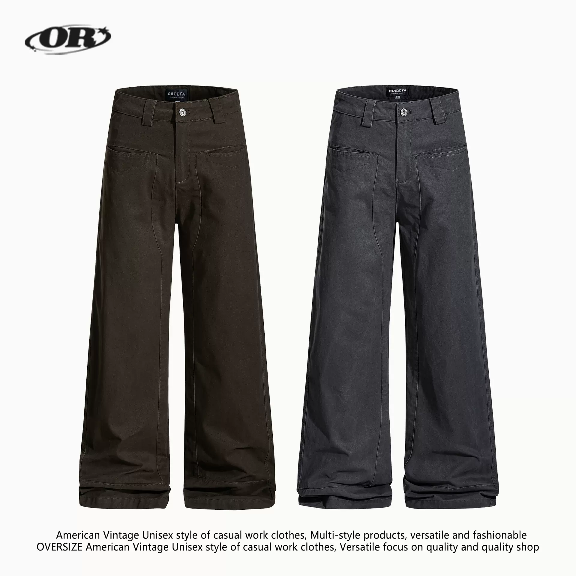 OREETA美式复古水洗做旧直筒工装裤男女可穿插袋设计感弯刀休闲裤