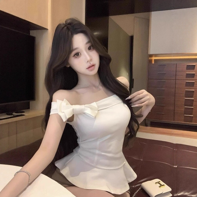 One-Shoulder Bow Sleeveless Tube Top T-Shirt for Women Summer Light Blue Slim Waist Pure Desire Slimming Look Short Top