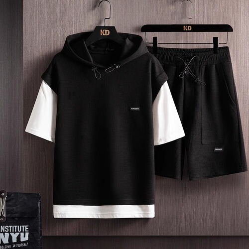 Men's Loose Plus Size Honeycomb Short Sleeve Suit Set, Summer Trend Brand Pseudo Two-Piece Hooded T-Shirt, Complete Set for Men