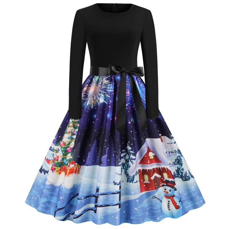Women's Hepburn Style Printed Patchwork Dress With Ribbon Detail_voghion.com