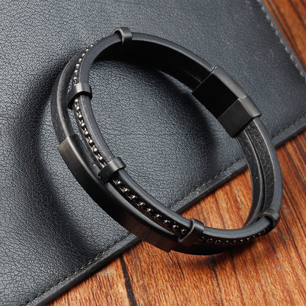 Men's Gender Simple Style 316L Stainless Steel Leather Solid Color Black Men Cord & Leather Bracelets