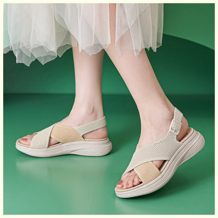 Sandal nữ quai chéo dệt kim phối dây rút, đế MD nhẹ êm — màu be, màu đen, xanh lam, màu hồng chi tiết 41