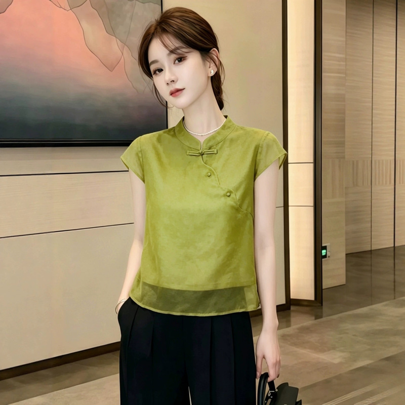 New Chinese-Style Fashion National Style Shirt for Women, Summer New Versatile Loose Stand-Collar Blouse for Petite Sizes, Live Stream Top